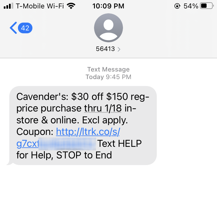 Short Code Cavender Investment Properties, Ltd text messaging